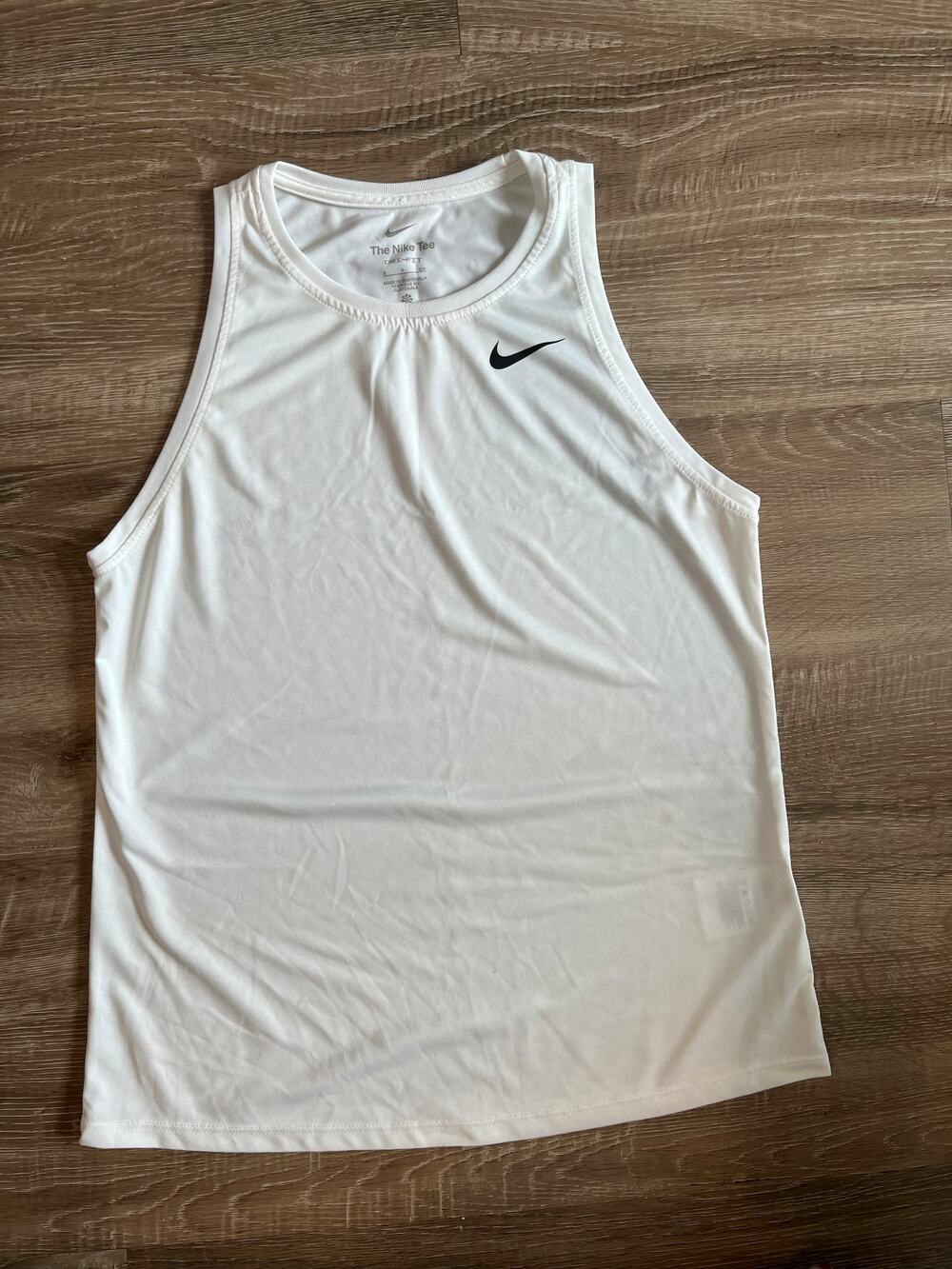 Nike Dri-Fit White Sleeveless Tank Top The Nike Tee Small Swoosh Logo